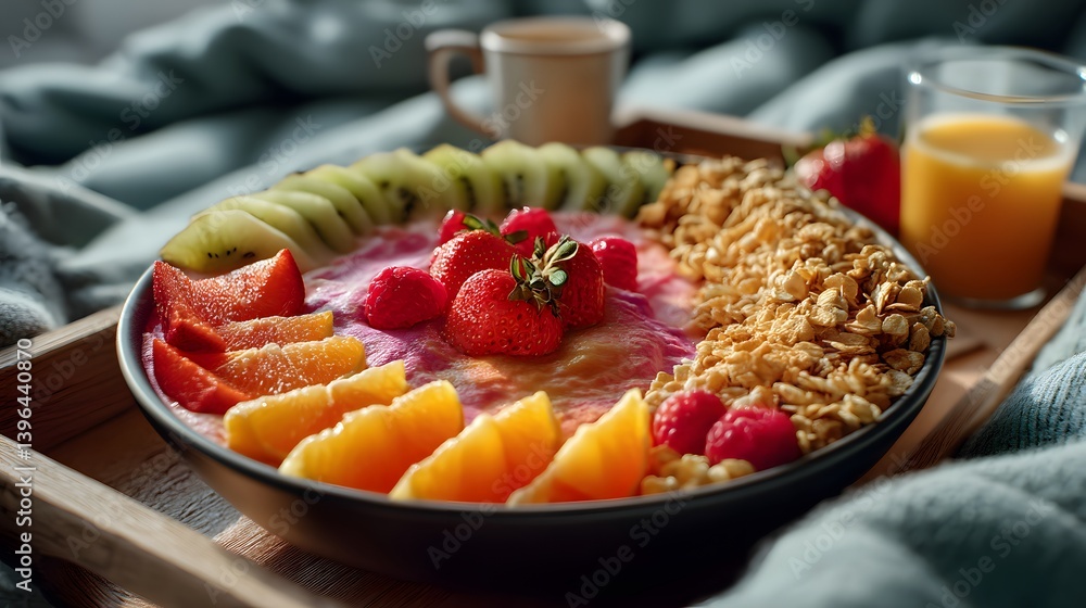 Invigorating smoothie bowl brimming with vibrant fruits and wholesome granola served with fresh juice and coffee for a delightful breakfast. Invigorating smoothie bowl brimming with vibrant fruits and wholesome granola served with fresh juice and coffee for a delightful breakfast.