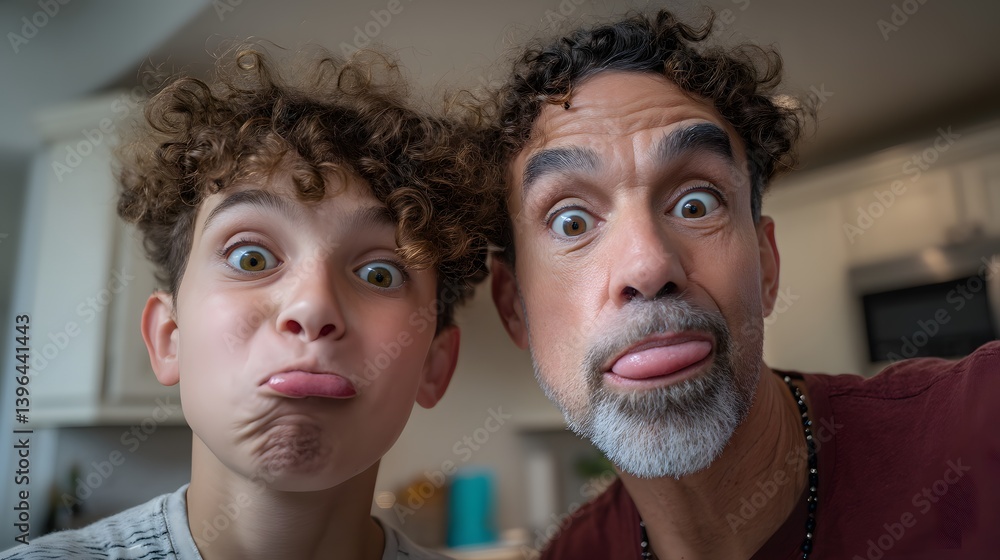 Naklejka premium Silly Selfie: Father and son make funny faces at the camera. A lighthearted moment of family fun. They have their tongues out and making faces.