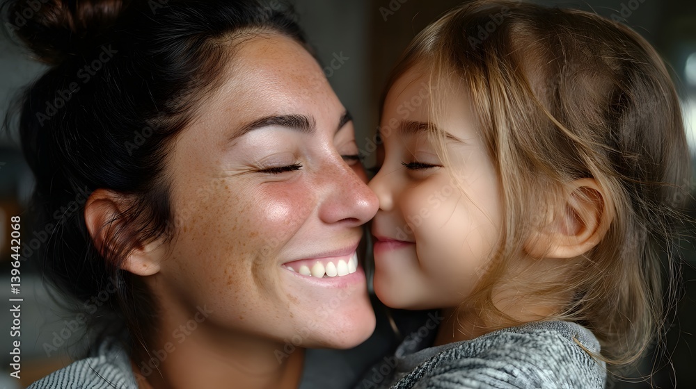 Close-up of a smiling mother and daughter in an embrace. They are both smiling and have their eyes closed in a loving, close moment. Close-up of a smiling mother and daughter in an embrace. They are both smiling and have their eyes closed in a loving, close moment.
