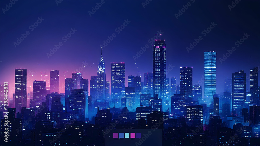 Fototapeta premium A vibrant night cityscape, illuminated by neon hues.