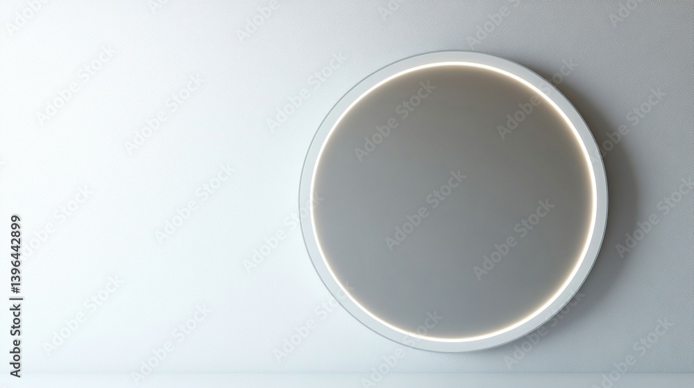 Illuminated circular frame on white wall.