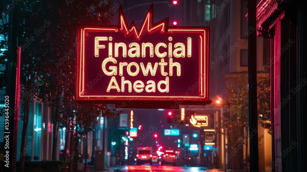 Vibrant Neon Sign Indicating Financial Growth in Urban Setting Vibrant Neon Sign Indicating Financial Growth in Urban Setting