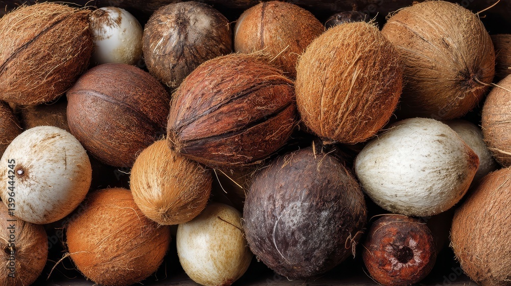 Cluster of coconuts of various sizes and shades of brown, showcasing texture differences - composition ingredient picture collection Cluster of coconuts of various sizes and shades of brown, showcasing texture differences - composition ingredient picture collection