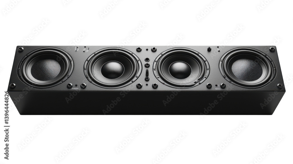 Obraz premium Stack of audio music speakers isolated on transparent white background, modern sound equipment with subwoofers and woofers, used for concerts, parties, events, and professional audio setups