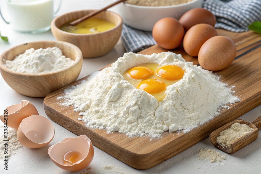 Cake and bread recipes. A pile of white wheat flour, with eggs, egg whites and yolks in the center of the dough - generated by ai Cake and bread recipes. A pile of white wheat flour, with eggs, egg whites and yolks in the center of the dough - generated by ai