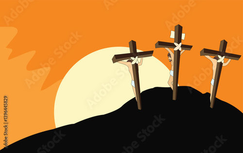 Vector illustration of the Crucifixion of Christ. Three cartoon-style crosses, a symbol of Easter.