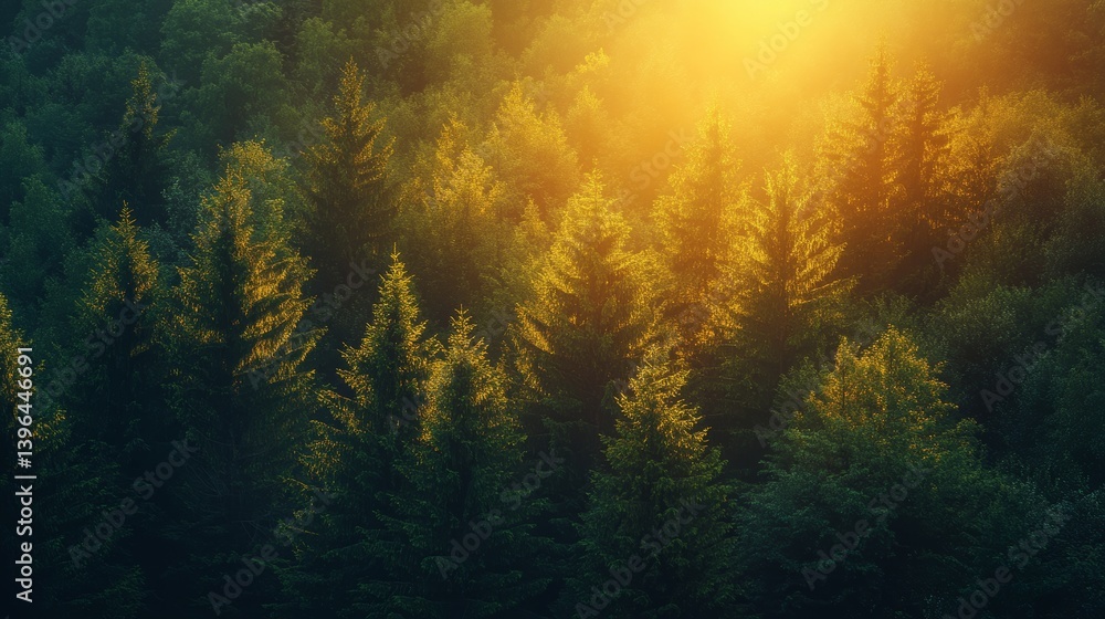 Naklejka premium Golden Hour in the Evergreen Forest: A Serene Sunrise