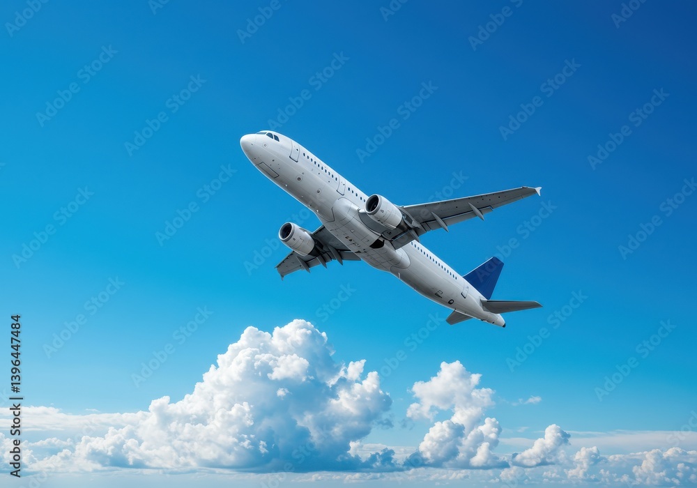 Fototapeta premium White airplane flying in a bright blue sky with fluffy white clouds on a sunny day in the atmosphere