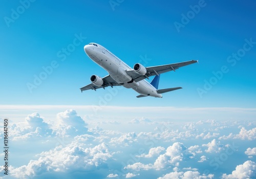 Airplane flying high in the sky above the clouds on a sunny day with blue skies in the background