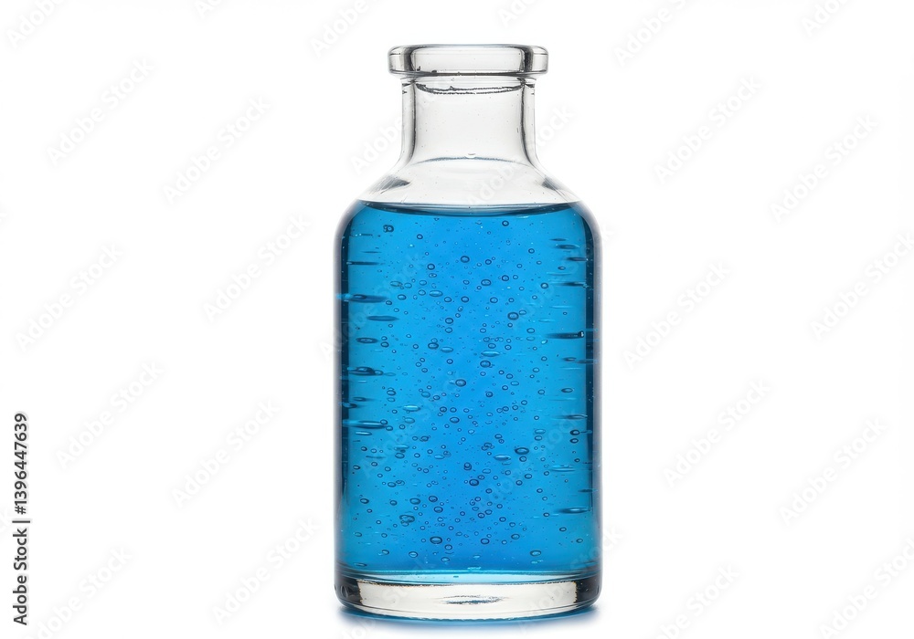 A clear glass bottle filled with blue liquid and small bubbles against a white background space around it A clear glass bottle filled with blue liquid and small bubbles against a white background space around it