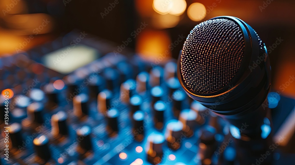 A focused microphone positioned in front of a sound mixing console. A focused microphone positioned in front of a sound mixing console.