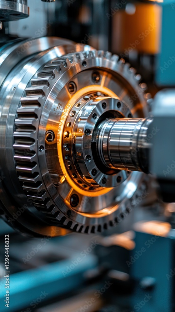 Intricate metal gears meshing, illuminated with golden light, creating a complex machine Intricate metal gears meshing, illuminated with golden light, creating a complex machine