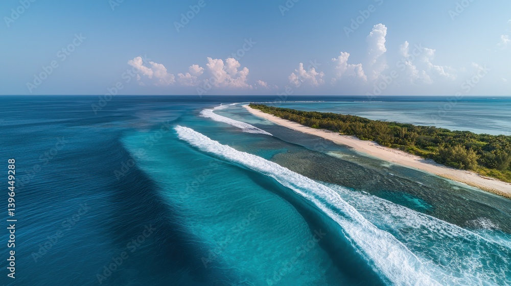 Island view ocean meets sandy beach with treeline, under clear blue sky Island view ocean meets sandy beach with treeline, under clear blue sky