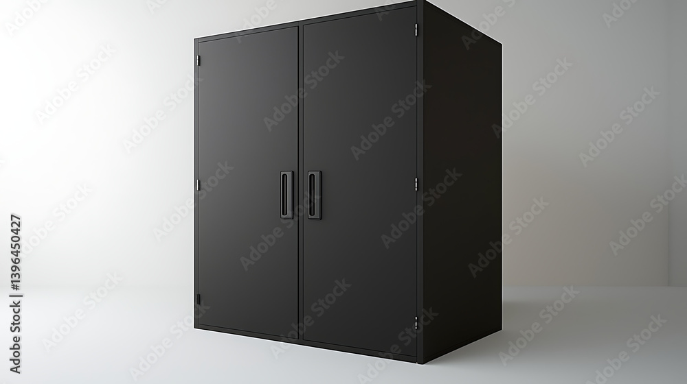 A black cabinet with two doors and a handle A black cabinet with two doors and a handle