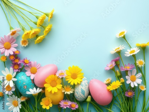 Blue background for Easter card with flowers and painted eggs