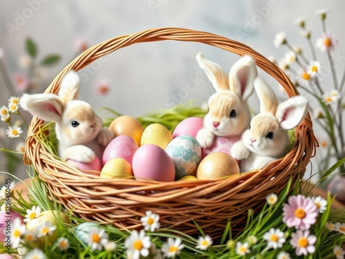 Bunnies are sitting in a wicker basket. Multicolored Easter eggs.