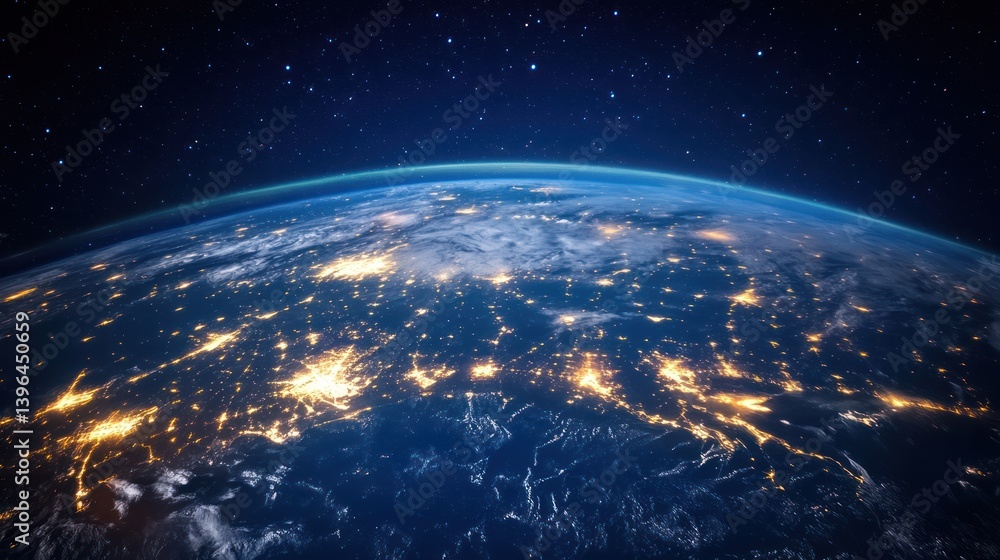 Obraz premium Nightlights illuminate the earth's curvature amidst the vastness of space