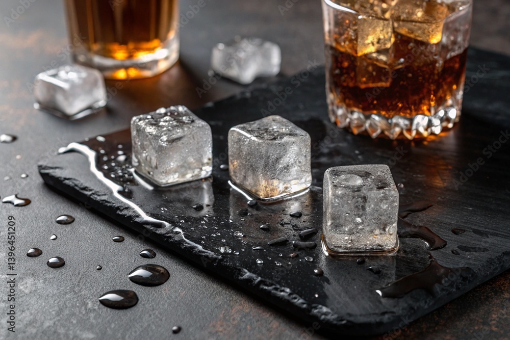 Ice cubes melting on a black marble table. Drinks, melting ice. Cold, desire, sensuality - generated by ai Ice cubes melting on a black marble table. Drinks, melting ice. Cold, desire, sensuality - generated by ai