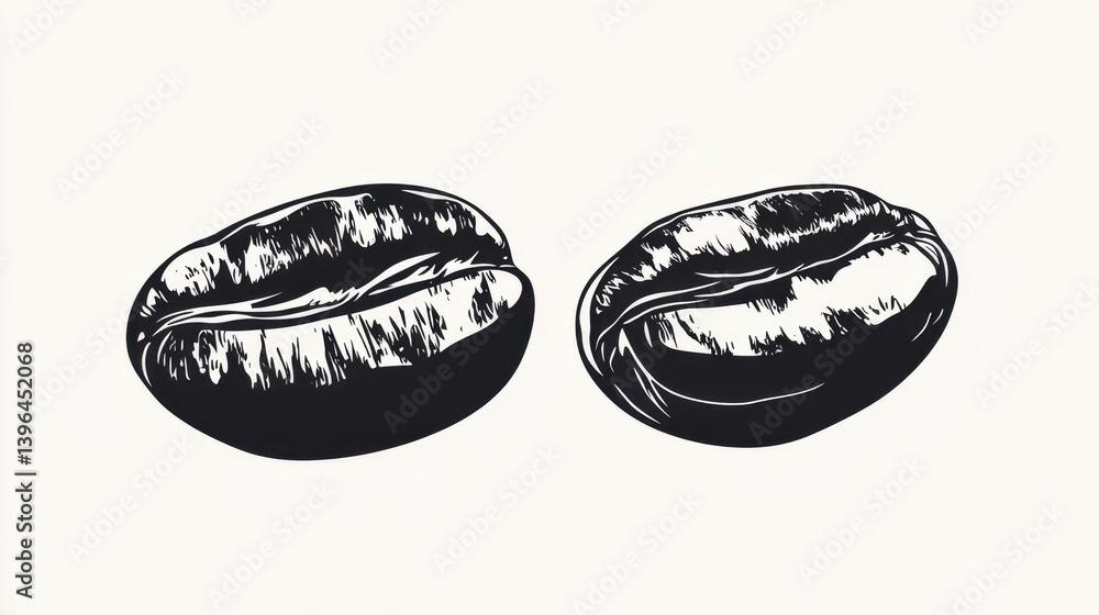 Detailed black and white illustration of two coffee beans with textured shading. A vintage, graphic style Detailed black and white illustration of two coffee beans with textured shading. A vintage, graphic style