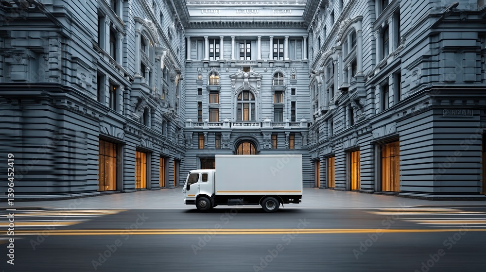 Naklejka premium Efficient Urban Package Transport Vehicle Maneuvering in Modern Logistics and Architecture