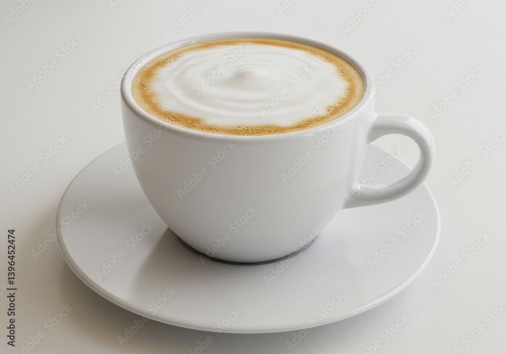 A white cup of coffee with a creamy foamy top sitting on a white saucer on a white background A white cup of coffee with a creamy foamy top sitting on a white saucer on a white background