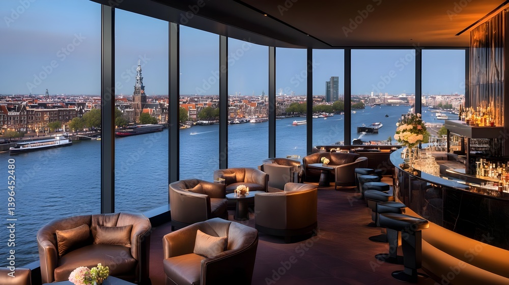 Fototapeta premium Elegant Lounge with Leather Armchairs and Scenic River View at Dusk