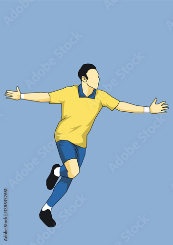 Dynamic vector illustration of a soccer player celebrating a victory. The athlete is depicted wearing a colorful team uniform, symbolizing success and sportsmanship, inspiring passion and dedication