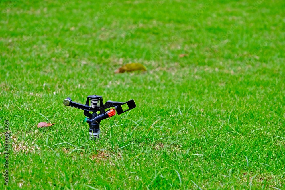 The sprinkler water automatic watering grass in garden.