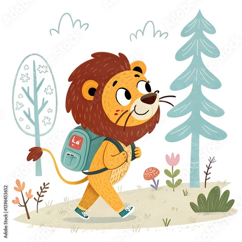 cartoon of A curious lion with a backpack exploring a forest on white background