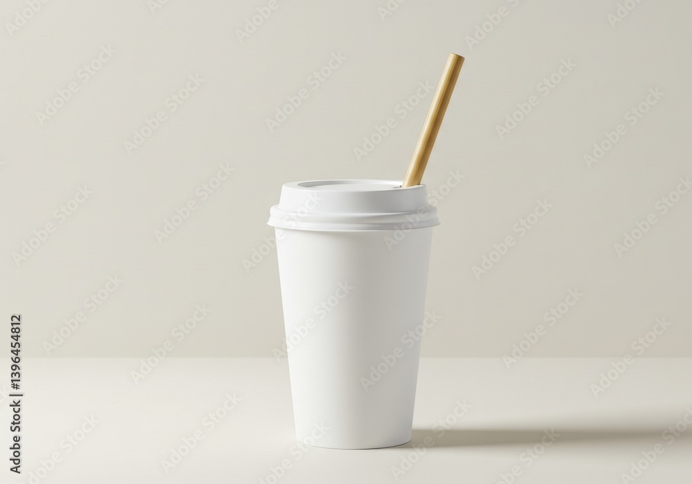 A white paper cup with a lid and a straw on a white surface against a neutral color background A white paper cup with a lid and a straw on a white surface against a neutral color background