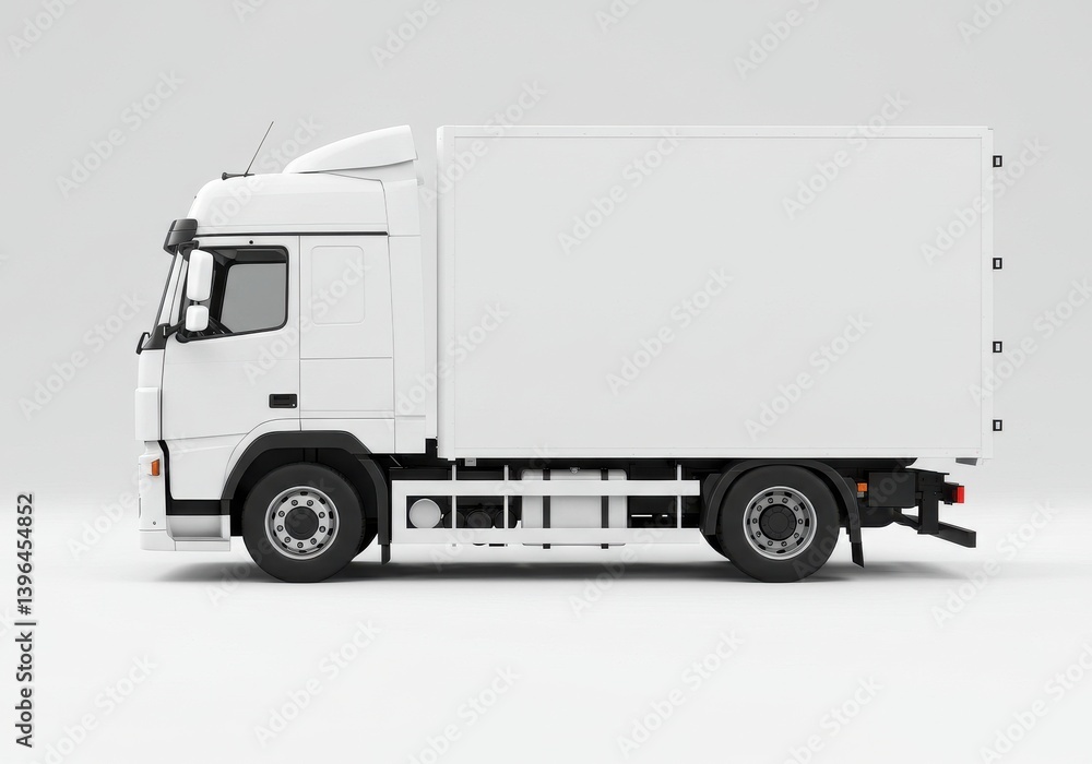 Side view of a white box truck with a clean design on a plain light gray background studio shot Side view of a white box truck with a clean design on a plain light gray background studio shot