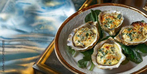 Oysters on the half shell that are topped with a combination of spinach, butter, breadcrumbs, and seasonings. Garnished with watercress They are baked or broiled - fancy restaurant image for menu.