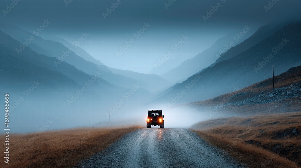 Fototapeta premium Adventurous Journey Utility Vehicle Mountain Road Nature Photography Misty Landscape Rear View Exploration