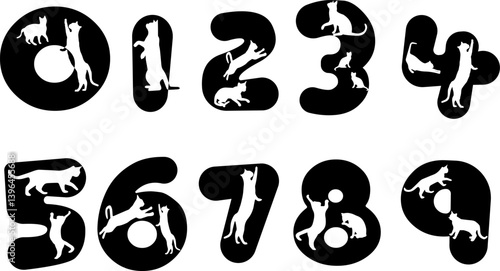 Vector numbers 1–9 with cute pet cat silhouettes. Perfect for educational designs, kids' learning materials, pet-themed projects, and playful decorative artwork.