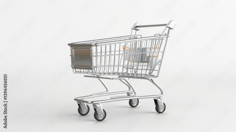 A sleek, empty silver shopping cart stands against a neutral backdrop, highlighting its metallic wireframe design A sleek, empty silver shopping cart stands against a neutral backdrop, highlighting its metallic wireframe design