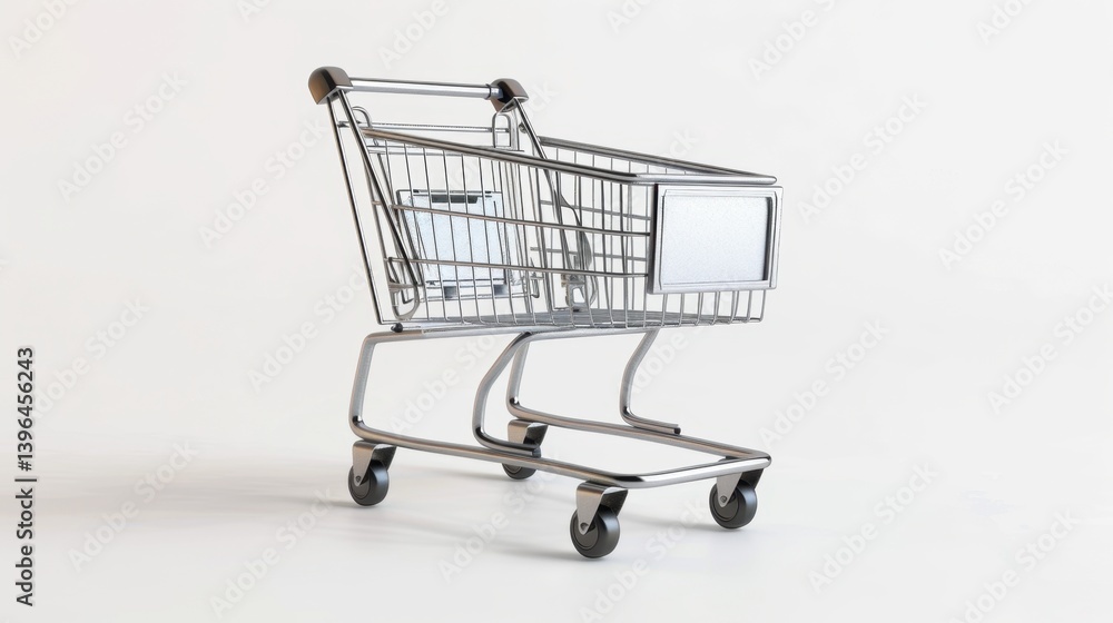 A sleek, silver shopping cart stands isolated on a clean white background, highlighting its metallic structure and functional design A sleek, silver shopping cart stands isolated on a clean white background, highlighting its metallic structure and functional design
