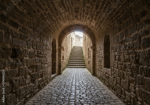 Wallpaper Mural Stone tunnel leading to stairs with light at the end in a medieval european town setting Torontodigital.ca
