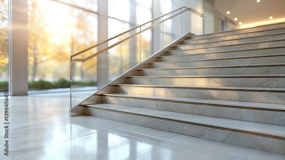 Fototapeta premium Marble staircase with glass railing, sunlight through windows, bright, modern