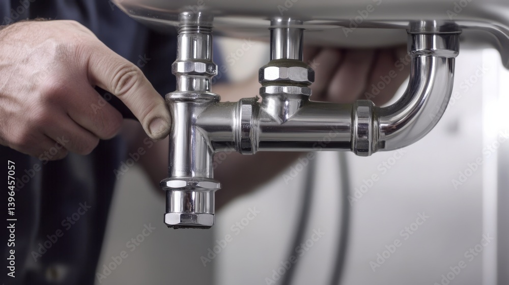 A plumber installing pipes for a new bathroom sink. Featuring skill and efficiency A plumber installing pipes for a new bathroom sink. Featuring skill and efficiency