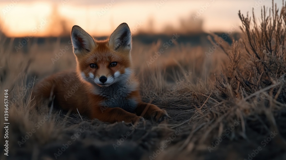 Obraz premium Red Fox Kit in Field at Sunset
