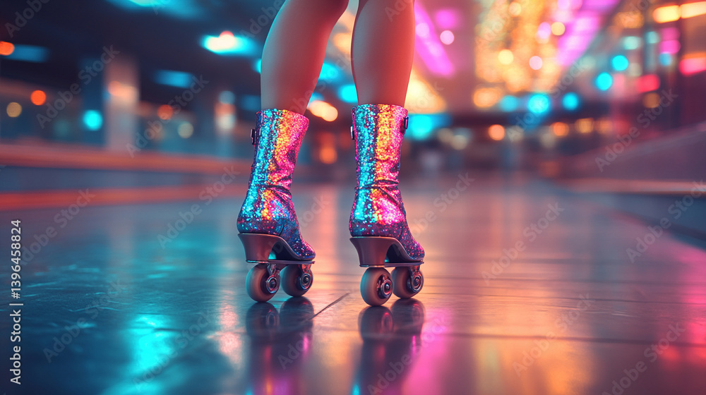 Fototapeta premium Close-up of a woman's legs in retro roller skates gliding across a vibrant 1980s roller rink under colorful disco lights symbolizing freedom motion nostalgia and feminine strength.