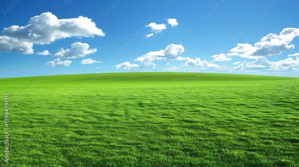 Obraz premium Expansive green fields stretching into horizon under a bright blue sky evoking a sense of freedom and natures beauty perfect for agriculture or outdoor lifestyle branding