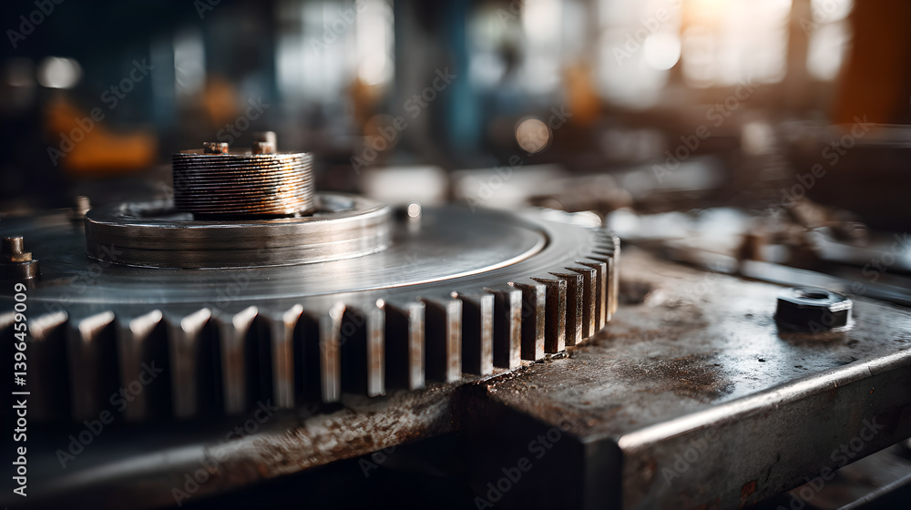 A close-up of a large metal gear resting on a weathered industrial surface, showcasing the robust beauty and intricate details of heavy machinery A close-up of a large metal gear resting on a weathered industrial surface, showcasing the robust beauty and intricate details of heavy machinery
