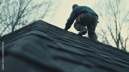 Wallpaper Mural A roofer adjusting roof shingles on a slanted roof. Featuring skill and precision Torontodigital.ca