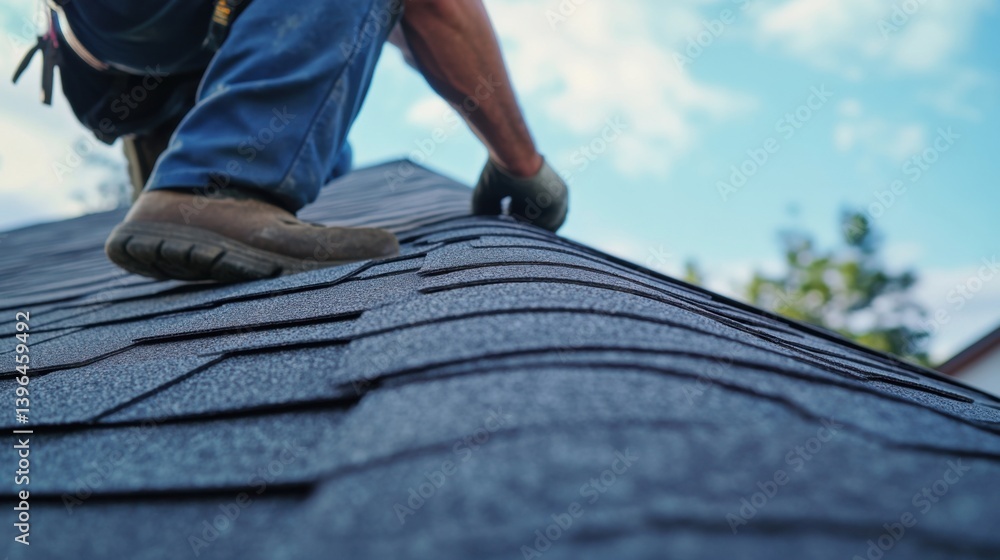 A roofer applying shingles on a sloped roof. Featuring precision and safety A roofer applying shingles on a sloped roof. Featuring precision and safety