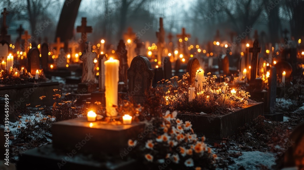 Serene cemetery illuminated by flickering candles, honoring and remembering the deceased Serene cemetery illuminated by flickering candles, honoring and remembering the deceased