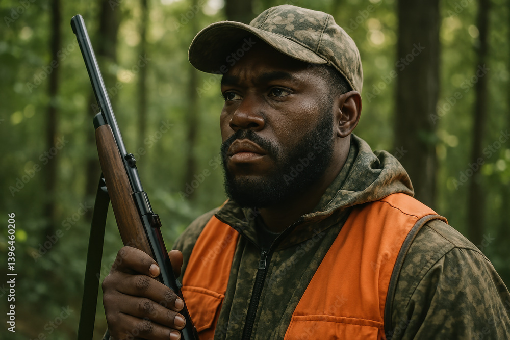 Focused hunter in camo gear holding rifle in forest environment Focused hunter in camo gear holding rifle in forest environment