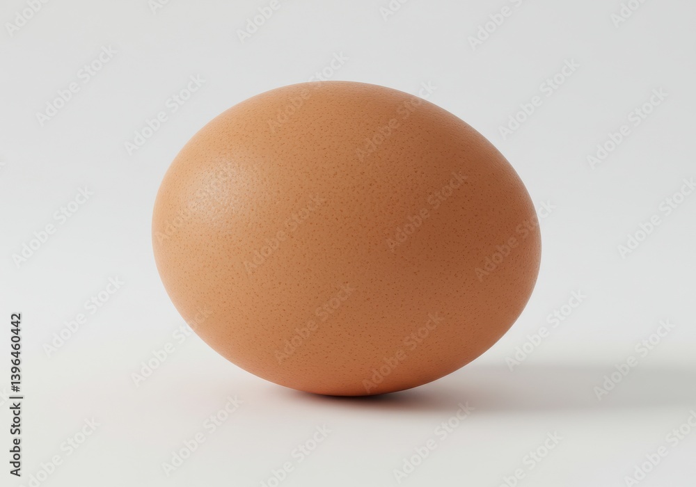 A single brown chicken egg standing upright on a plain white surface in a studio setting image