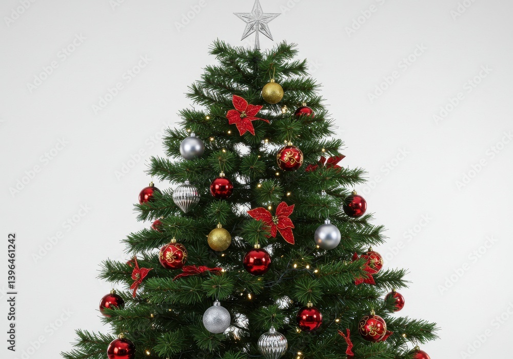 A decorated christmas tree with red and silver ornaments and a star topper against a white background A decorated christmas tree with red and silver ornaments and a star topper against a white background