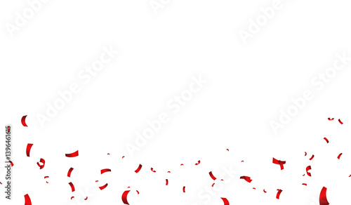 Bright red glitter confetti, ribbons falling on a white background. Festive serpentine decorations scattered on the floor, perfect for New Year, birthdays, or Valentine's Day celebrations.